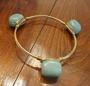 Gold Tone Wire Wrap Bangle Bracelet with 3 Blue Oval Stones, Metal